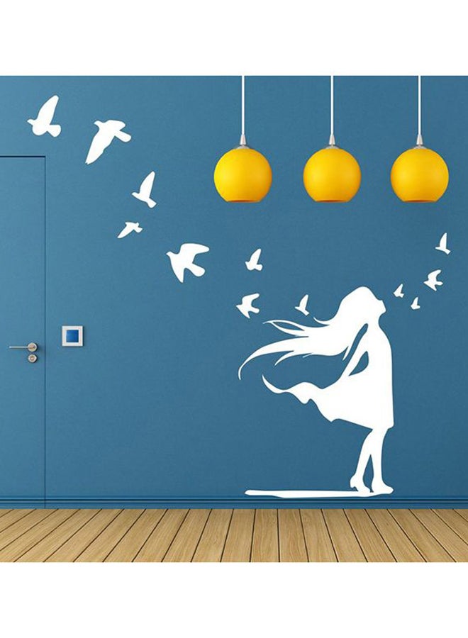 13-Piece Self Adhesive Little Girl And Bird Flight Wall Decal Set White 55 x 55cm 