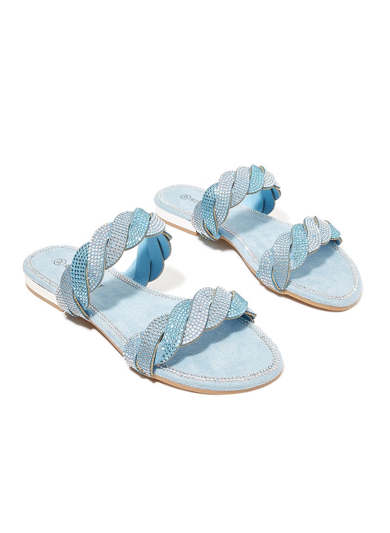 Rhinestone Embellished Flat Sandals Blue