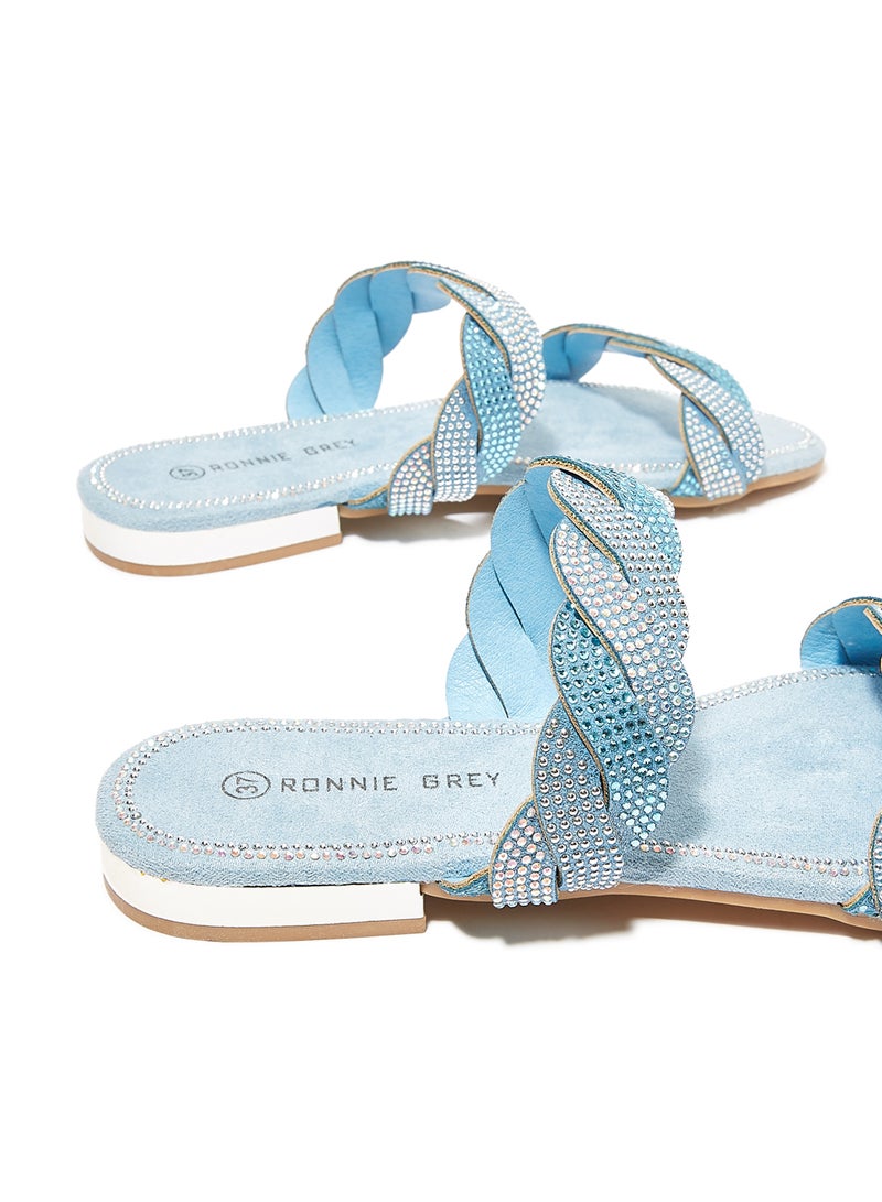 Rhinestone Embellished Flat Sandals Blue