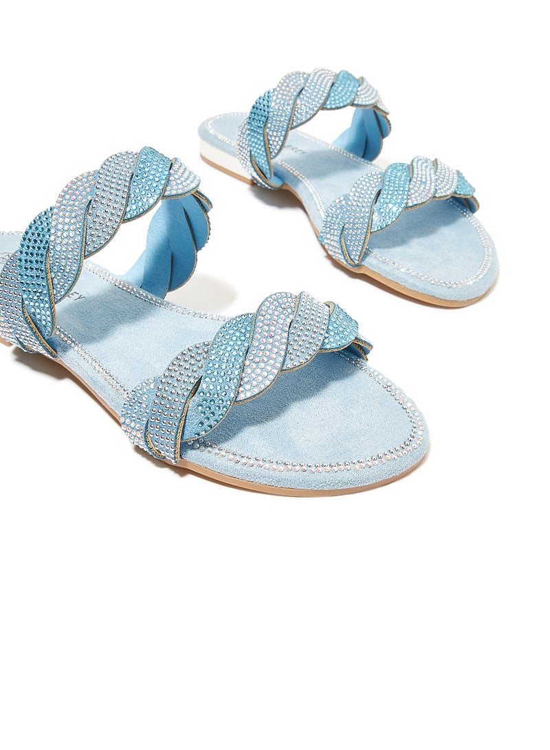 Rhinestone Embellished Flat Sandals Blue