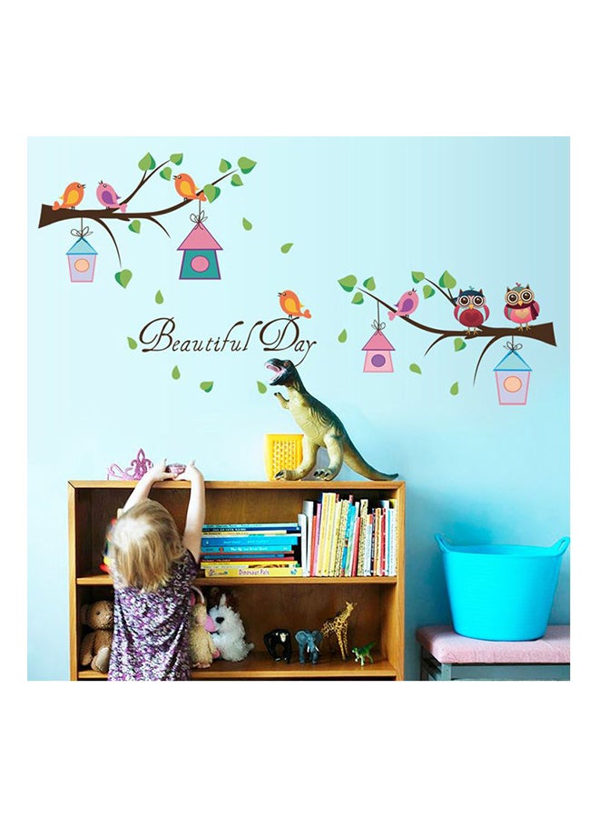 Cartoon Owl Branches Themed Wall Sticker Green/Pink/Brown 60x30cm - Image 1