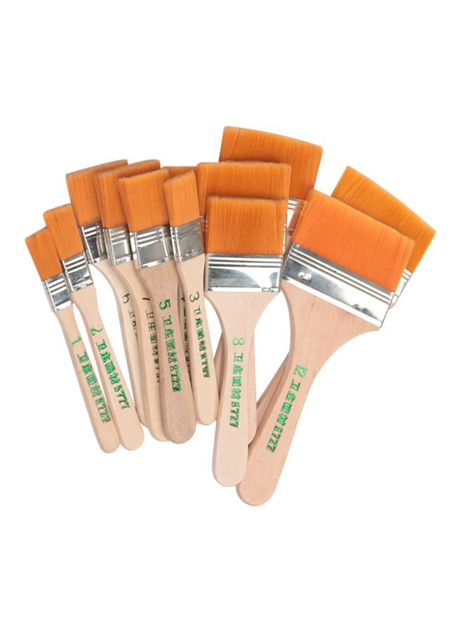 Pack Of 12 Flat Nylon Hair Wooden Painting Brush Orange/Beige - Image 1