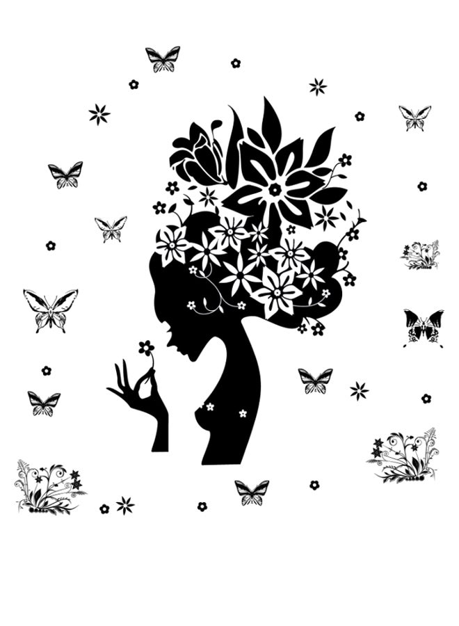ملصق جداري للديكور يتميز بلصق ذاتي على شكل فتاة مزينة بالزهور أسود 50 x 70سم - Image 1