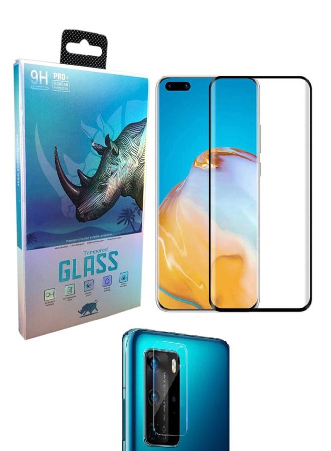 9 إتش لاصقة حماية للشاشة وواقي لعدسة الكاميرا من الزجاج المقوى لهاتف هواوي P40 برو شفاف/ أسود