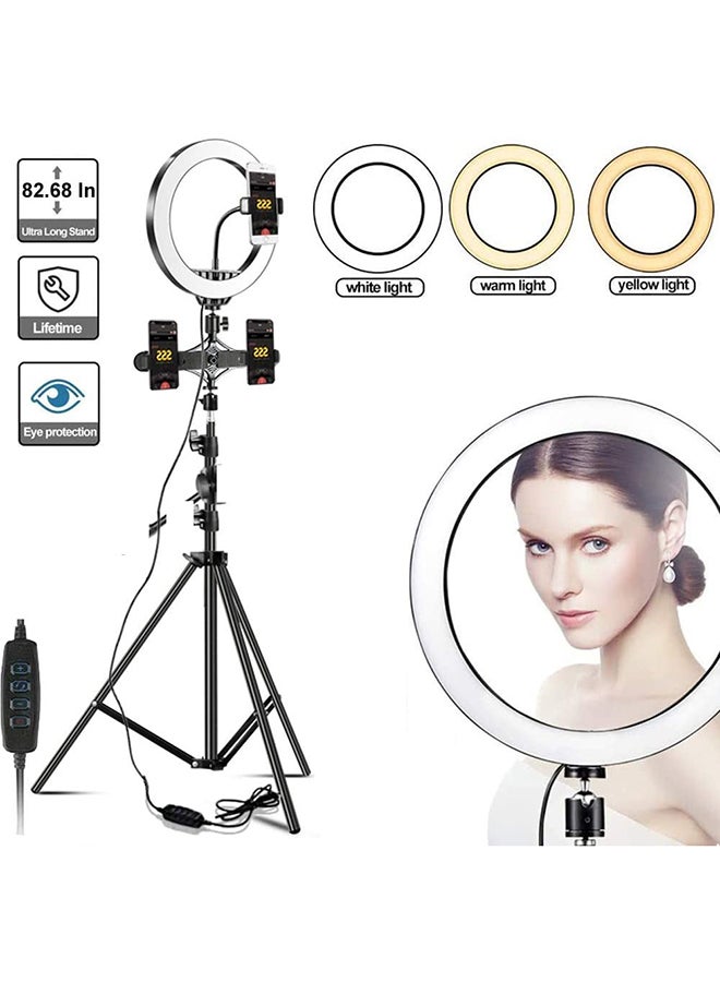 PULUZ - 10 Inch Selfie Ring Light With Tripod Stand 210cm Equipped With 3 Cell Phone Holders Black - Image 1
