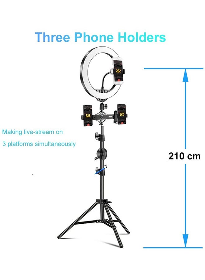 PULUZ - 10 Inch Selfie Ring Light With Tripod Stand 210cm Equipped With 3 Cell Phone Holders Black - Image 1