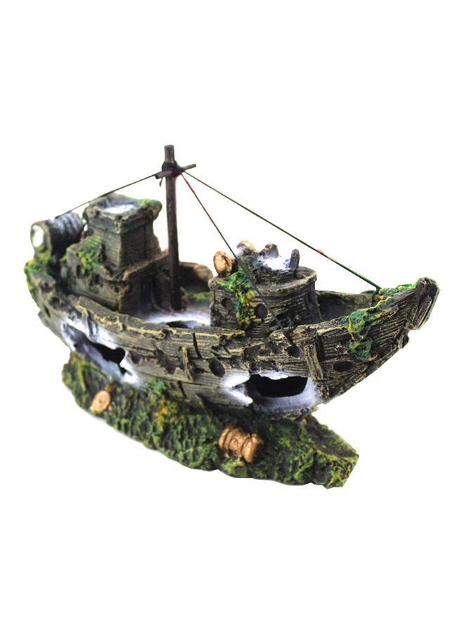 Boat Ship Shaped Aquarium Ornament Green/Beige/Black 26x6x10cm - Image 1