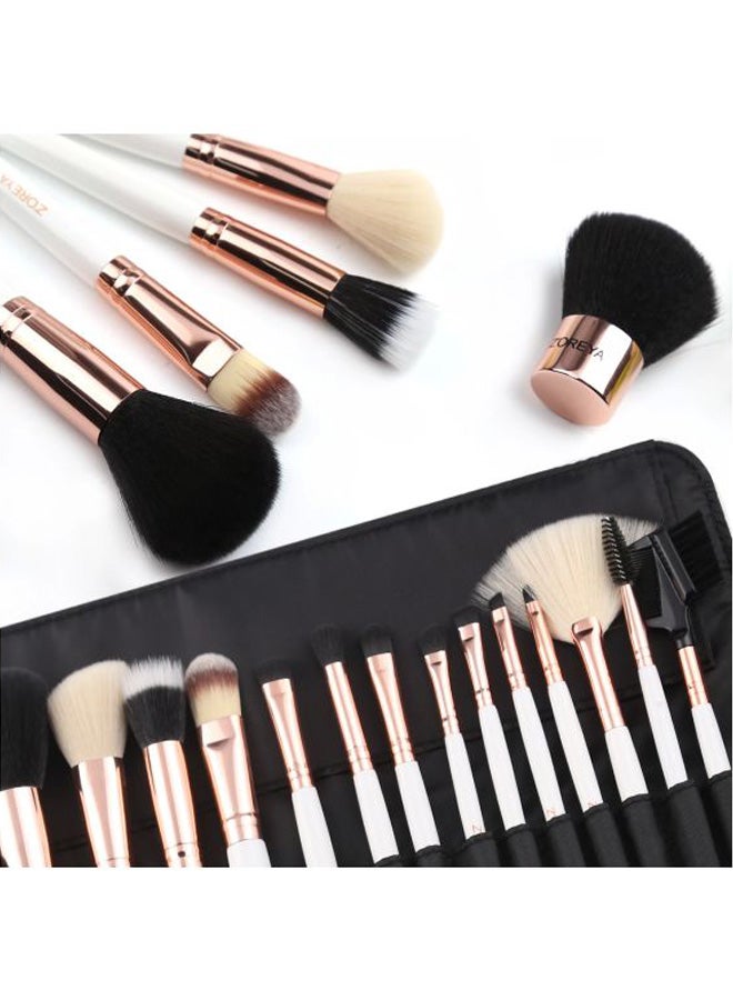 Zoreya - 15 Pcs Premium Quality Makeup Brush Set - Black Leather Case White/Rose Gold - Image 1
