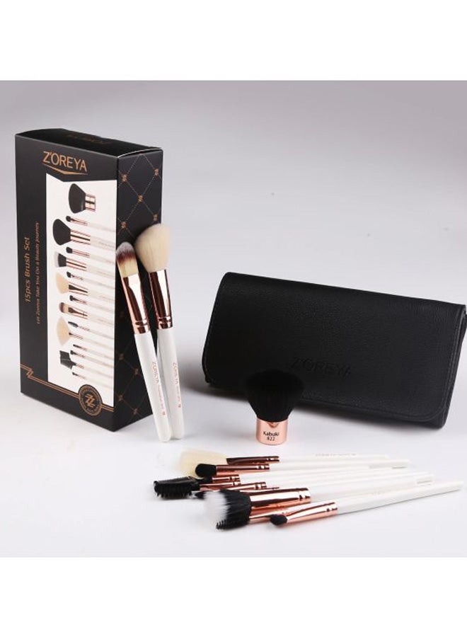 Zoreya - 15 Pcs Premium Quality Makeup Brush Set - Black Leather Case White/Rose Gold - Image 1