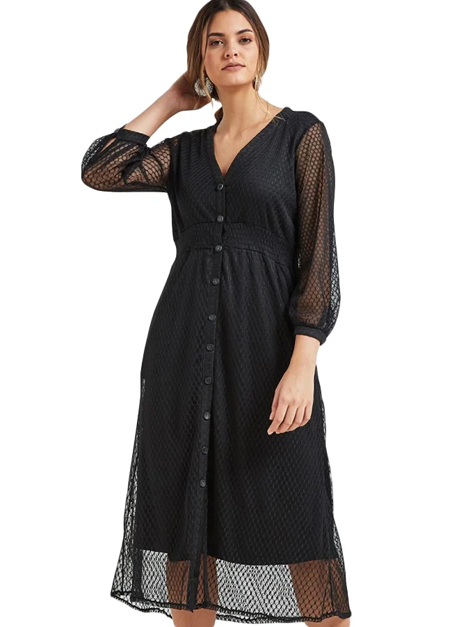High Streets Button Down Mesh Three-Quarter Sleeve Dress Black