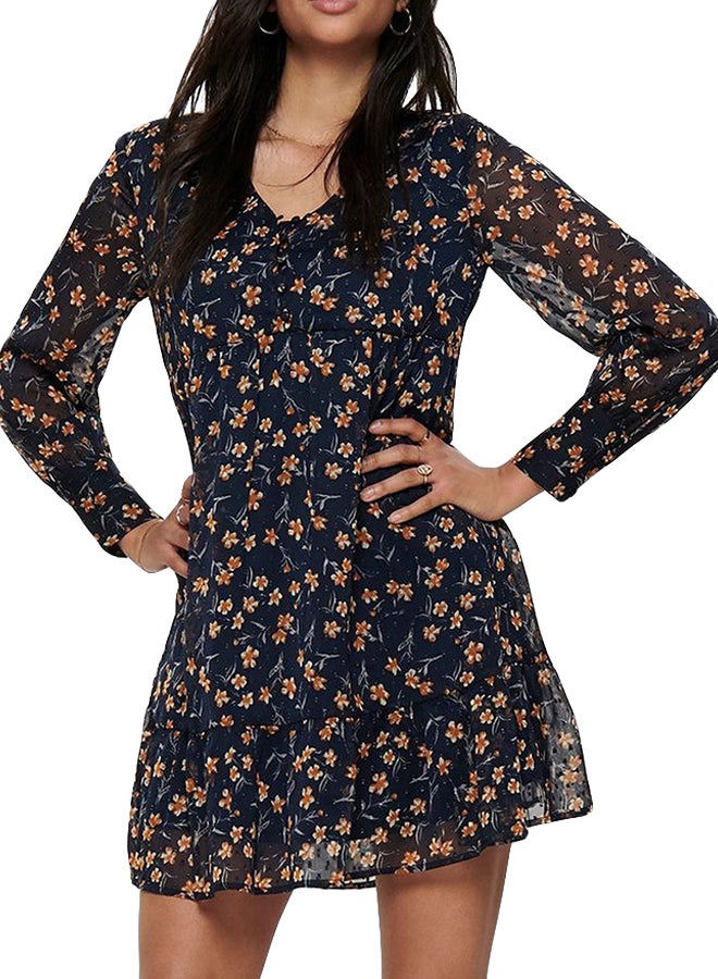 Jacqueline de Yong Floral Frill Hem Long Sleeve Dress Navy Multi  - Image 1