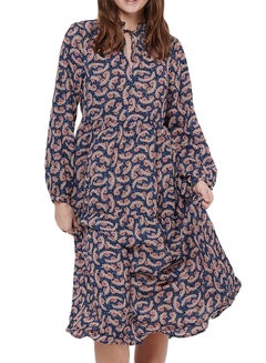 Paisley Ruffled Neck Long Sleeve Dress Blue Multi