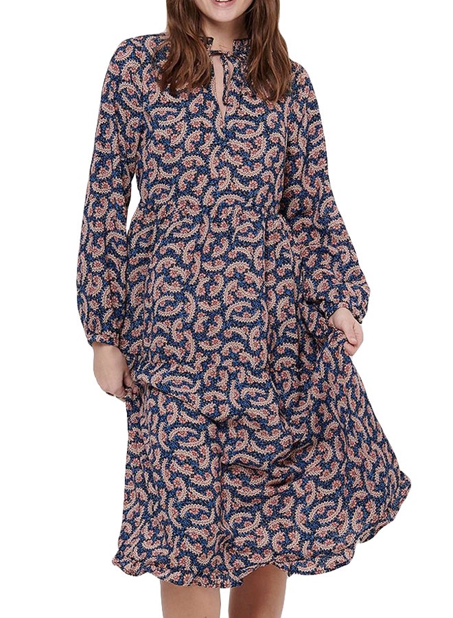 ONLY - Paisley Ruffled Neck Long Sleeve Dress Blue Multi - Image 1