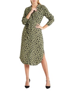 Allover Print Long Sleeve Shirt Dress Olive