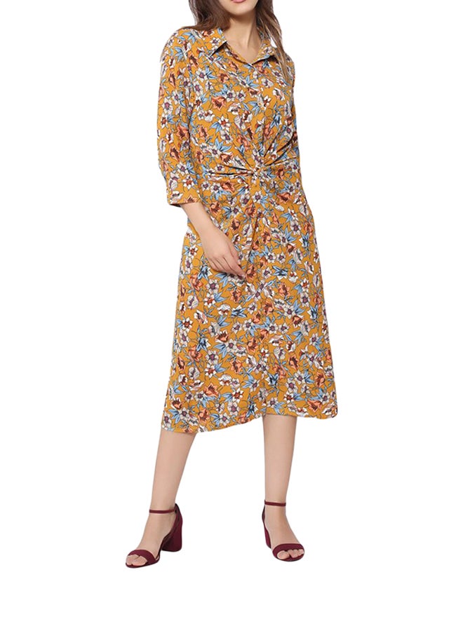 Stock - Mustard Floral Knotted Shirt Dress Yellow - Image 1