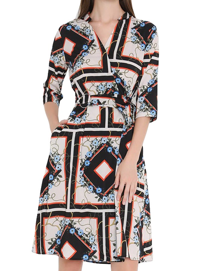 Stock - Belted Wrap Detail Short Sleeve Dress Multicolour - Image 1