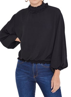 Stock Ruffled Collar Elasticated Hem Top Black  - Image 1