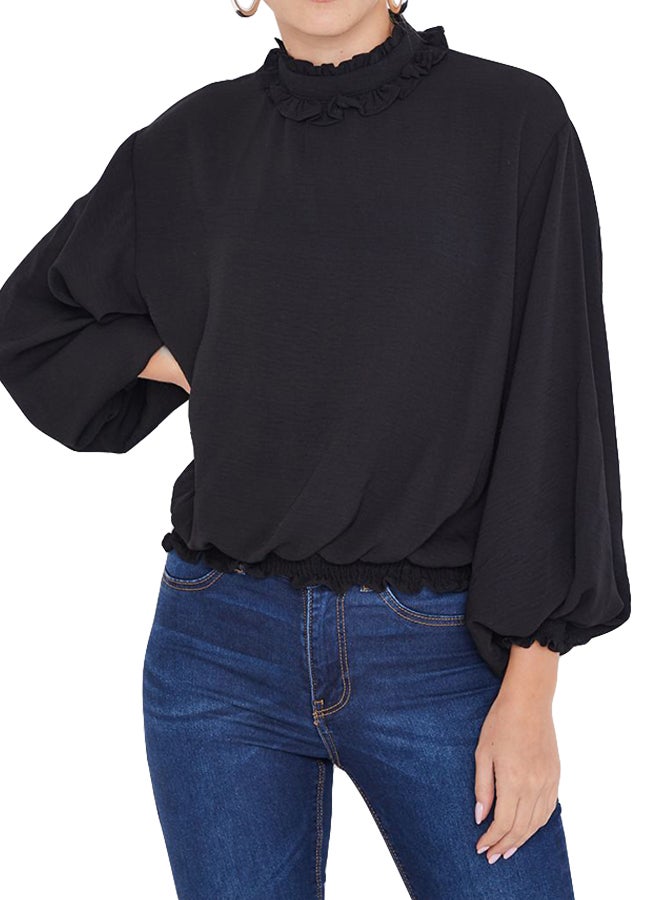 Stock - Ruffled Collar Elasticated Hem Top Black - Image 1