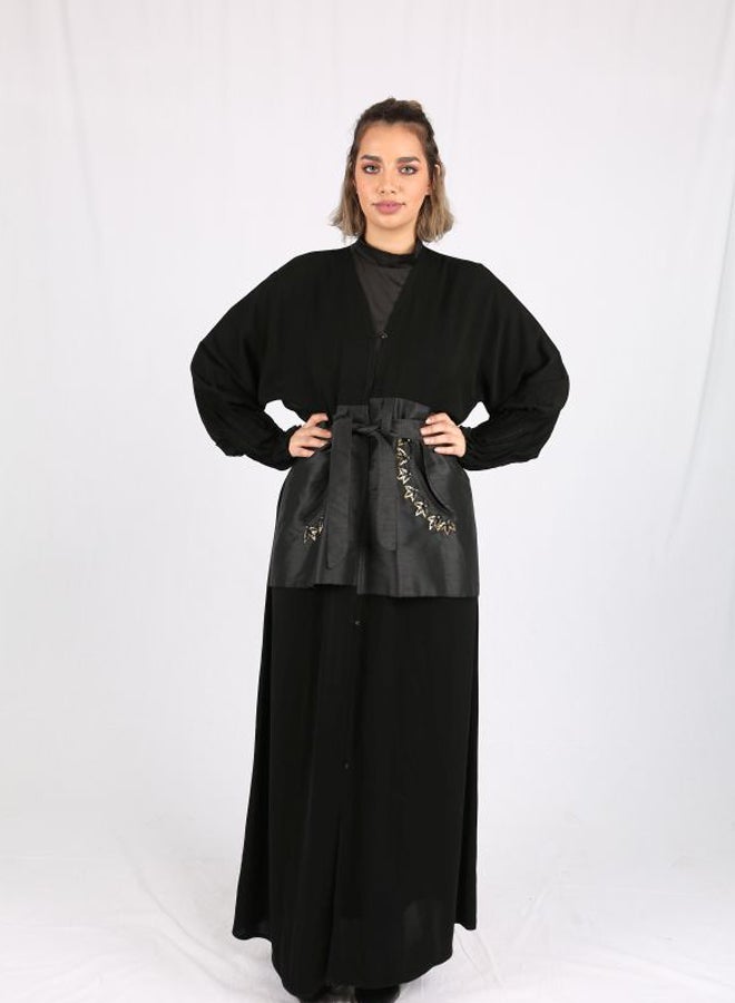 عباية مطرزة برقبة على شكل حرف V أسود/ رمادي/ ذهبي - Image 3