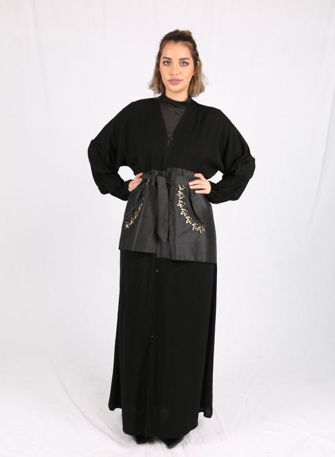 عباية مطرزة برقبة على شكل حرف V أسود/ رمادي/ ذهبي - Image 5