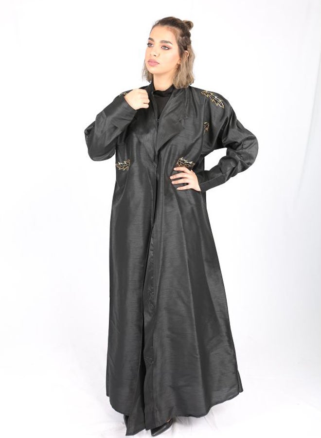 Leaf Embroidered Abaya Black/Gold - Image 1