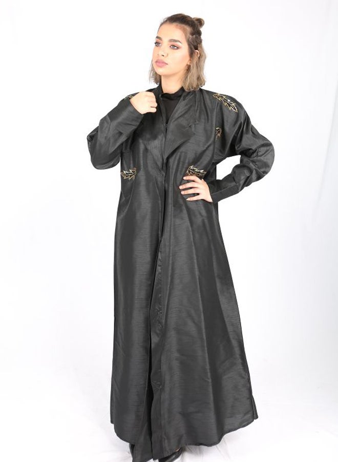 عباية مطرزة مورقة أسود/ذهبي - Image 1