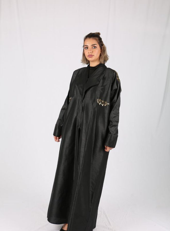 عباية مطرزة مورقة أسود/ذهبي - Image 4