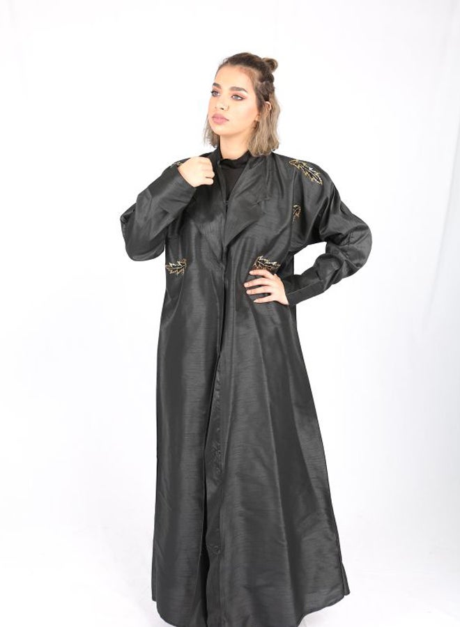 عباية مطرزة مورقة أسود/ذهبي - Image 1