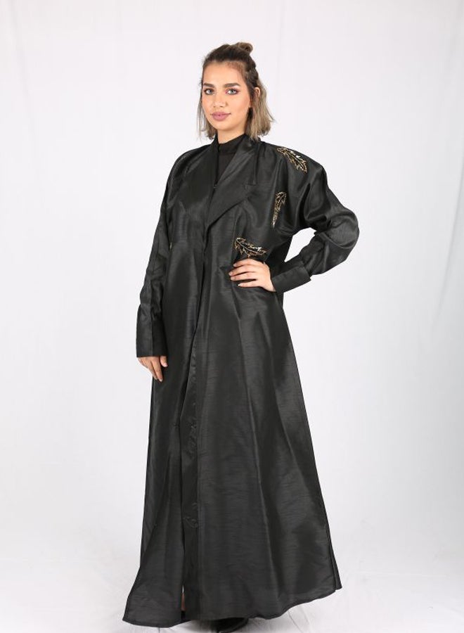 عباية مطرزة مورقة أسود/ذهبي - Image 2