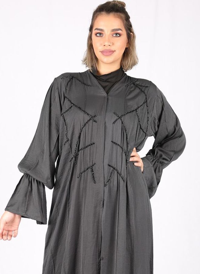 V-Neck Embroidered Abaya Grey/Black - Image 3