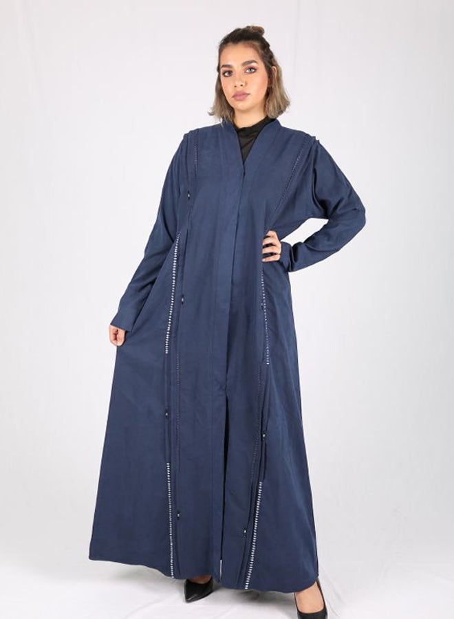 Embroidered Pleated Chamois Abaya Blue/White - Image 1