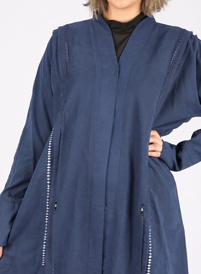 Embroidered Pleated Chamois Abaya Blue/White - Image 3