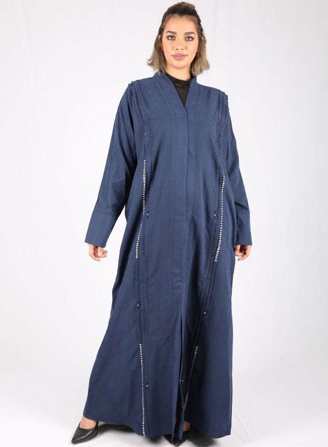 Embroidered Pleated Chamois Abaya Blue/White - Image 1