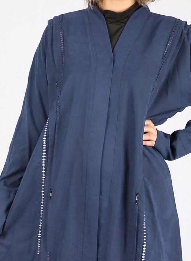 Embroidered Pleated Chamois Abaya Blue/White - Image 2