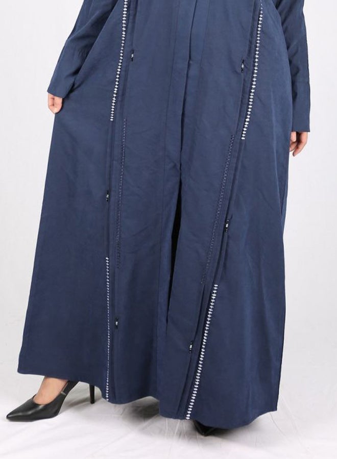 Embroidered Pleated Chamois Abaya Blue/White - Image 3