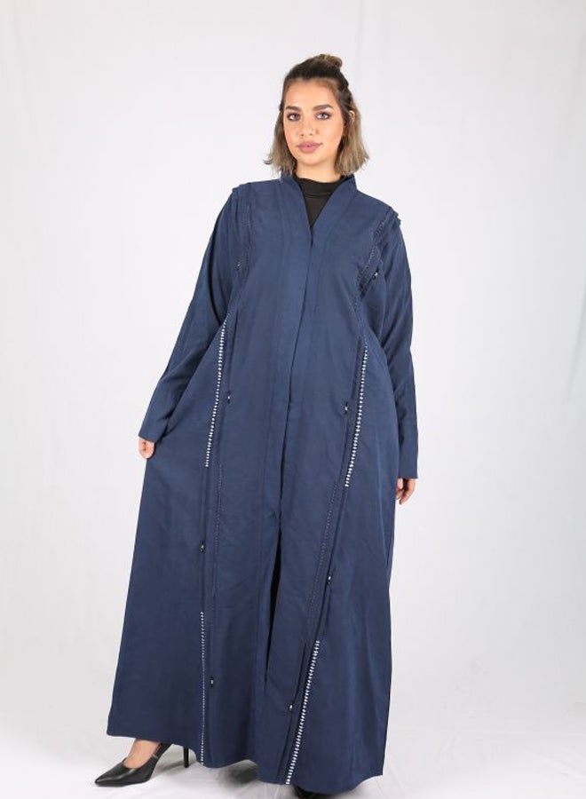 Embroidered Pleated Chamois Abaya Blue/White - Image 4