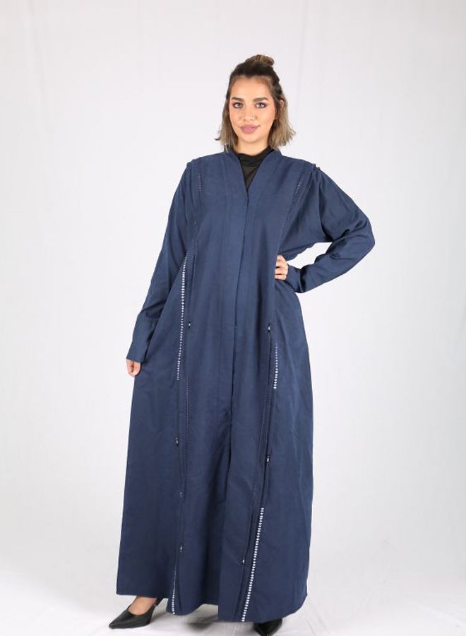 Embroidered Pleated Chamois Abaya Blue/White - Image 5