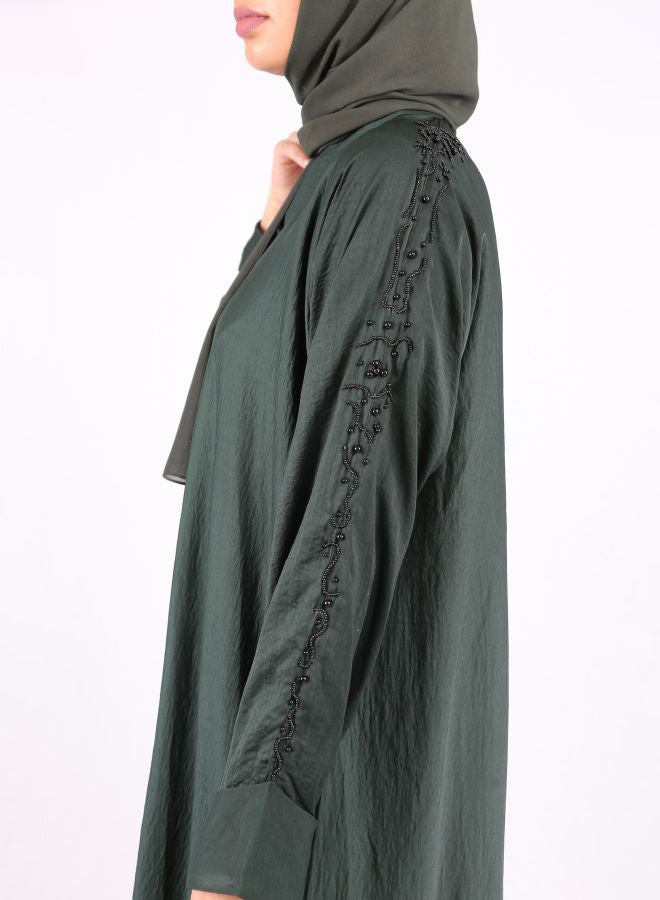 Embroidered High Neck Abaya Green  - Image 3