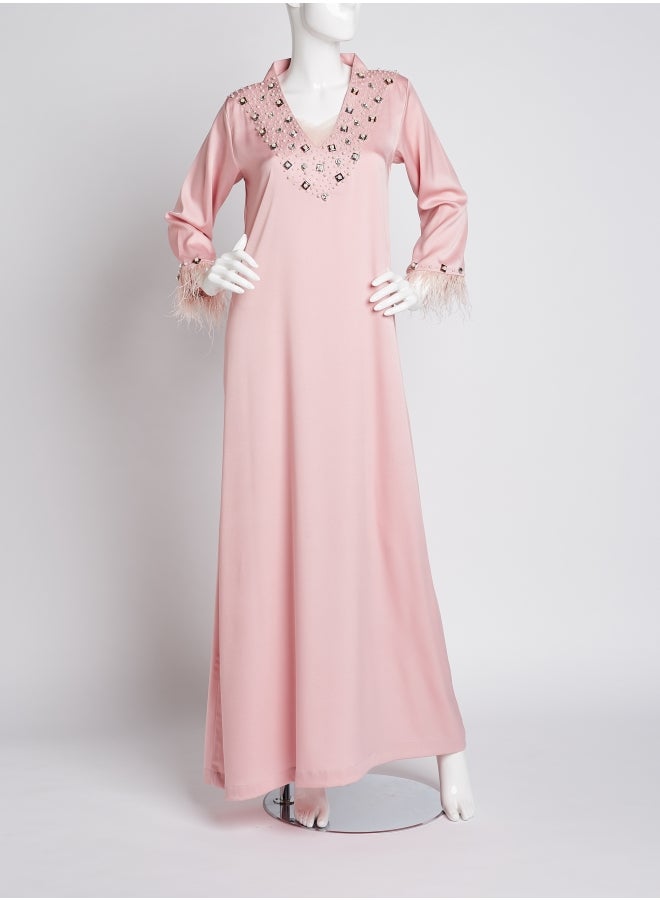 Ibriz Couture V-Neck Crepe Jalabiya Pink  - Image 1