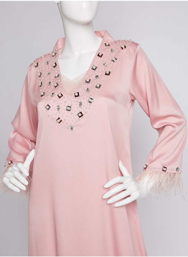 Ibriz Couture V-Neck Crepe Jalabiya Pink  - Image 3