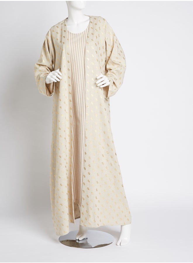 Ibriz Couture Round Neck Abaya With Dress Beige  - Image 1