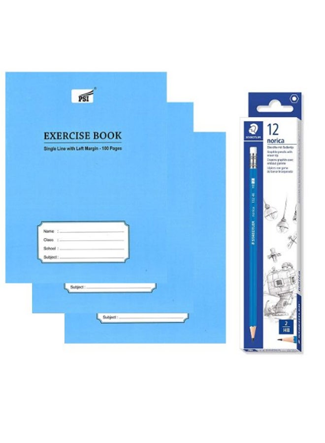3-Piece Exercise Notebook With Pencil Combo Set Multicolour