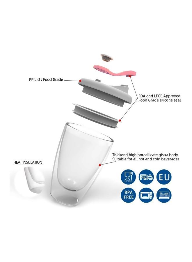 مج زجاجي بجدار مزدوج مع غطاء شفاف/زهري/رمادي 350ملليلتر - Image 2