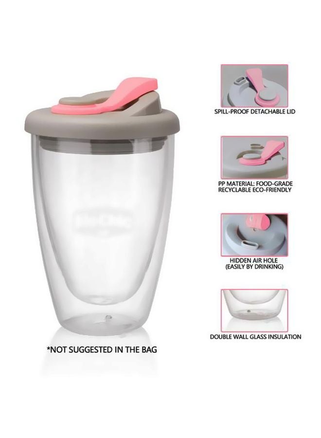 مج زجاجي بجدار مزدوج مع غطاء شفاف/زهري/رمادي 350ملليلتر - Image 3