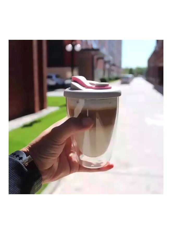 مج زجاجي بجدار مزدوج مع غطاء شفاف/زهري/رمادي 350ملليلتر - Image 5