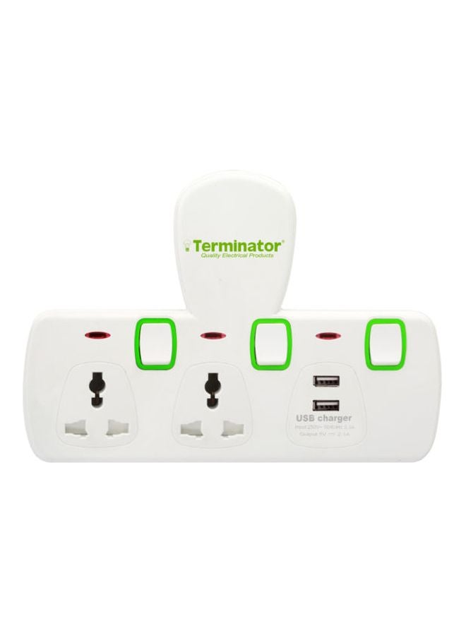 Terminator - 2 Way Universal T Socket With 2 USB White/Green 28cm - Image 1