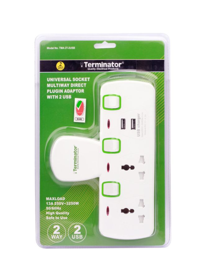 Terminator - 2 Way Universal T Socket With 2 USB White/Green 28cm - Image 1