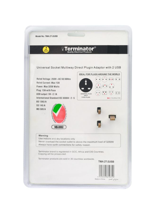 Terminator - 2 Way Universal T Socket With 2 USB White/Green 28cm - Image 1