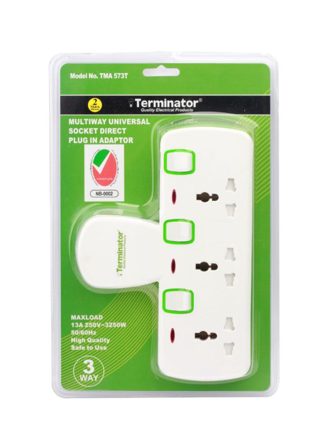 Terminator 3 Way Universal T-Socket Multi Adaptor With Individual Switches White/Green 27cm  - Image 2