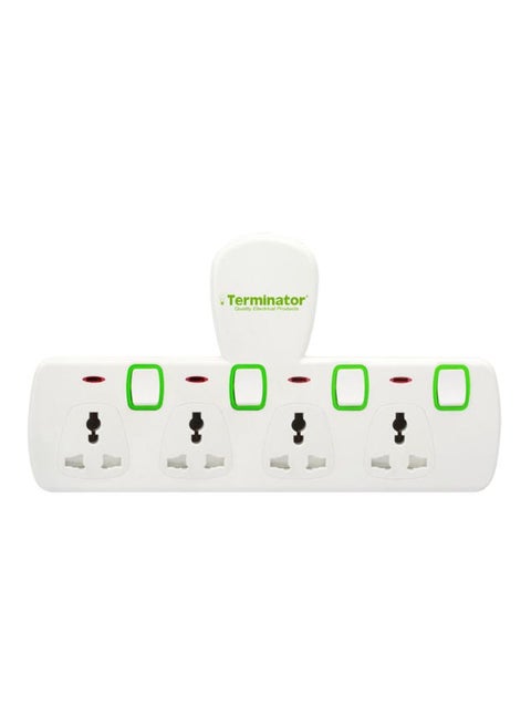 4 Way Universal T-Socket Multi Adaptor With Individual Switches White/Green 33cm